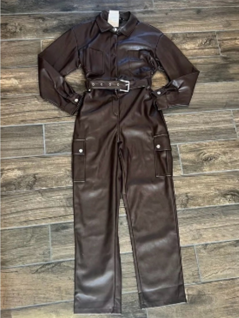 7 For All Mankind Dark Brown Faux Leather Utility Jumpsuit